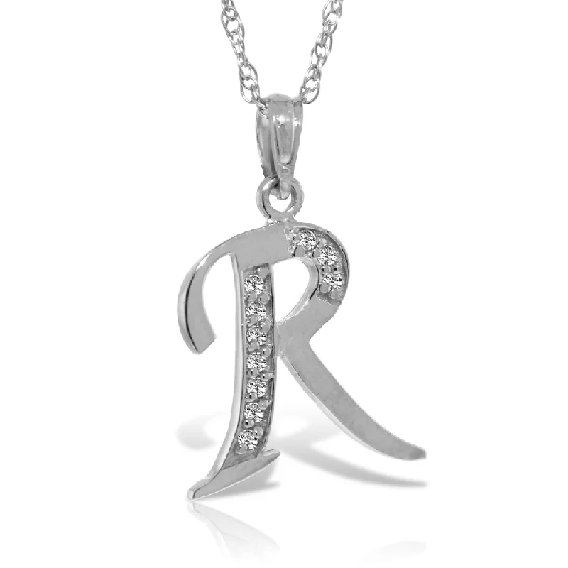 14K Solid White Gold Necklace w/ Natural Diamonds Initial 'r' Pendant