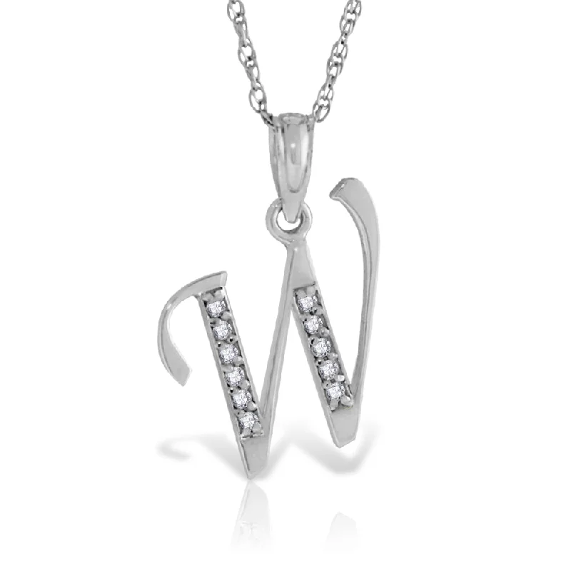 14K Solid White Gold Necklace w/ Natural Diamonds Initial 'w' Pendant