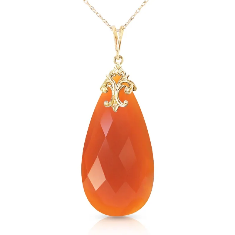 14K Solid Yellow Gold Necklace w/ Briolette 31x16 mm Reddish Orange Chalcedony