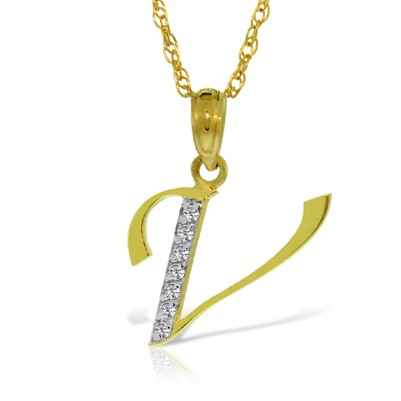 14K Solid Yellow Gold Necklace w/ Natural Diamonds Initial 'v' Pendant