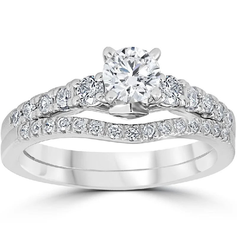 14K White Gold 1 1/10 cttw Diamond 3-Stone Engagement Matching Wedding Ring Set