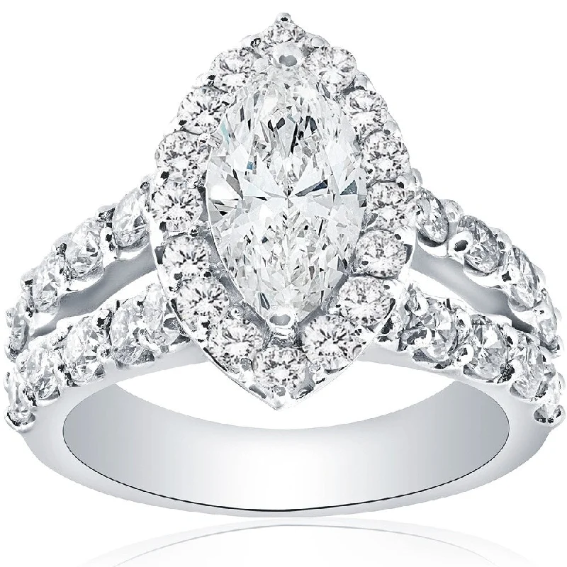 14k White Gold 2 1/2 Ct Marquise Diamond Halo Engagement Ring