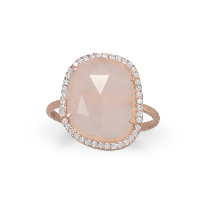 18k Rose Gold Plated Rose Quartz Oval Cz Ring