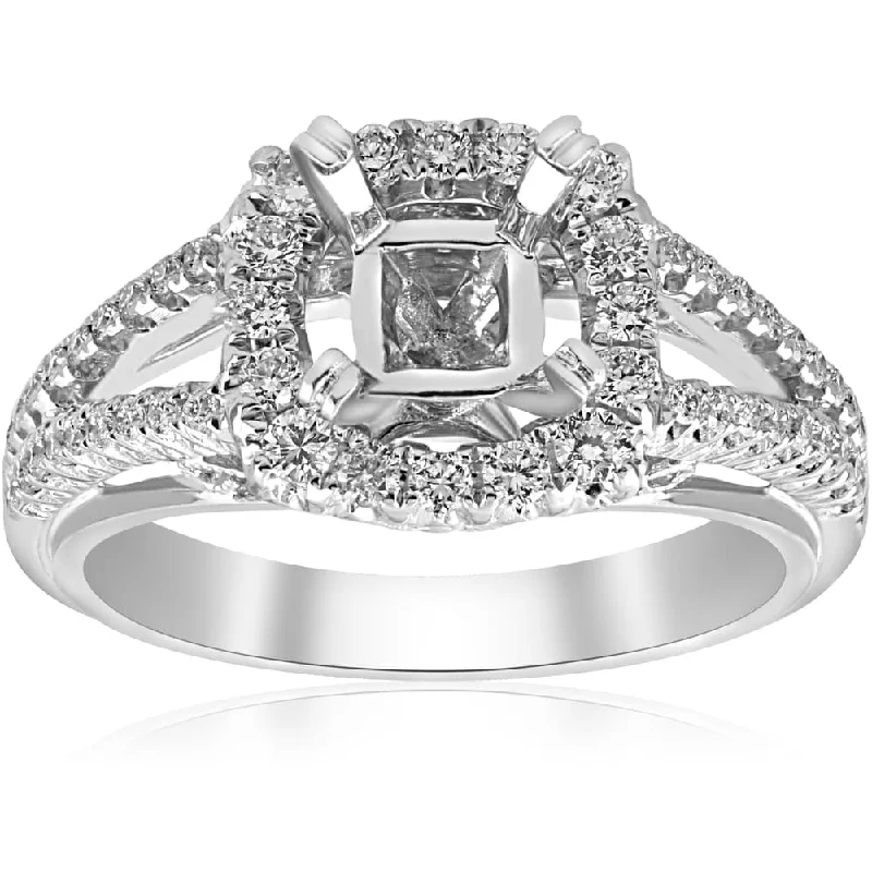 18K White Gold .54 ct TDW Diamond Cushion Halo Engagement Ring Semi Mount Setting (F-G,VS1-VS)