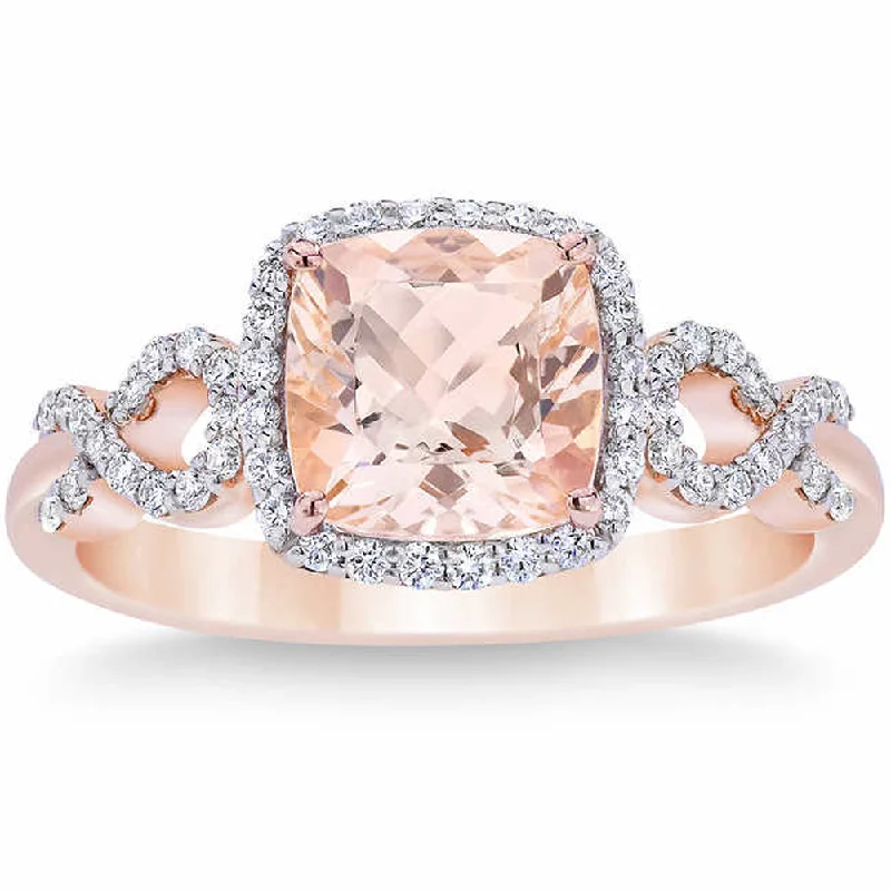 2 1/2 Ct Diamond & Morganite Cushion Halo Ring 10k Rose Gold Lab Grown