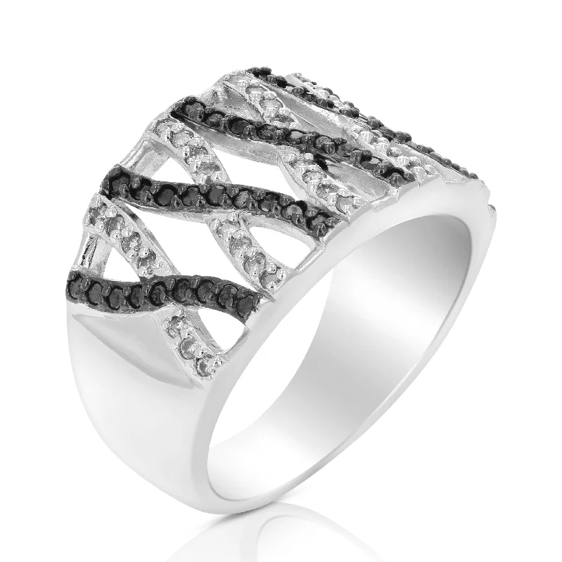 2/3 cttw Black and White Diamond Ring .925 Sterling Silver with Rhodium