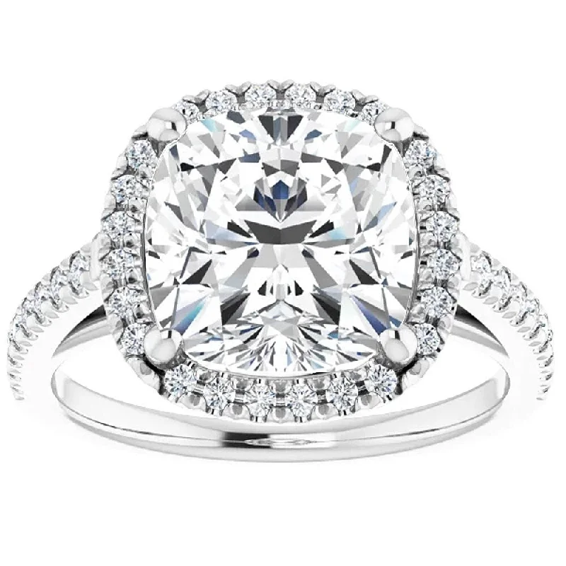 3 1/2Ct Cushion Moissanite & Diamond Halo Engagement Ring White Gold (G-H/VVS1)