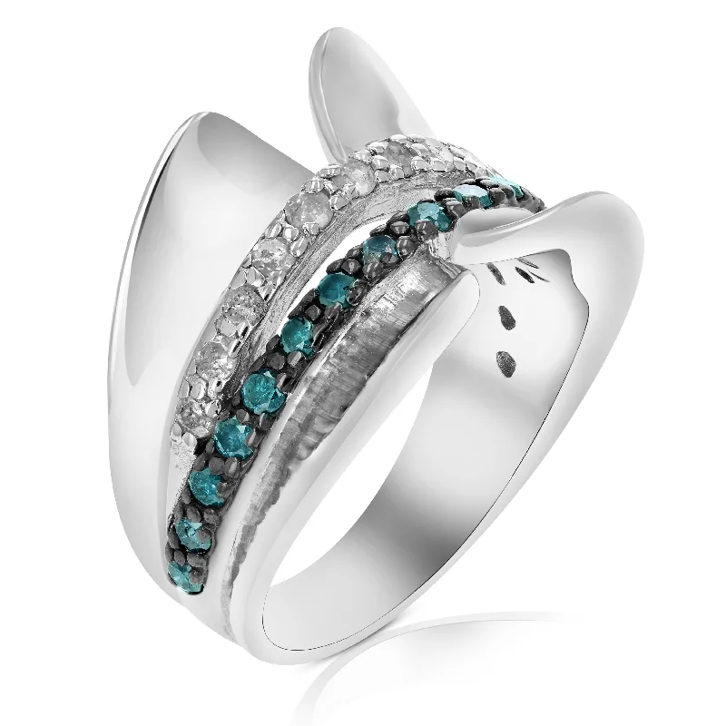 3/4 cttw Blue and White Diamond Ring .925 Sterling Silver with Rhodium