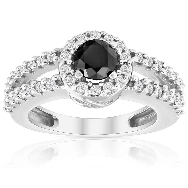 3/4ct Halo Split Shank Black & White Diamond Ring 14K White Gold