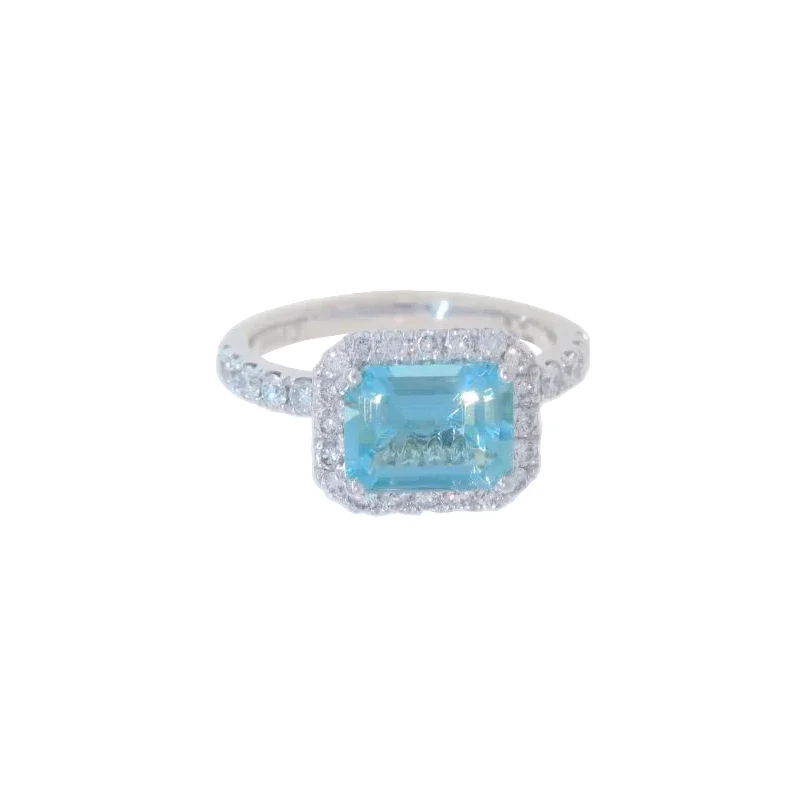 East-West Aquamarine and Diamond Halo Ring