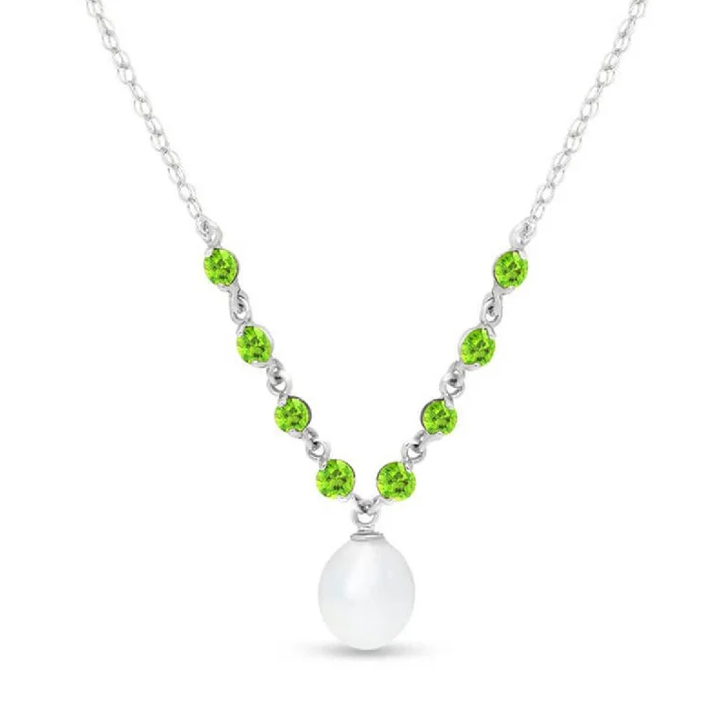 5 Carat 14K Solid White Gold Necklace Natural Peridot Pearl