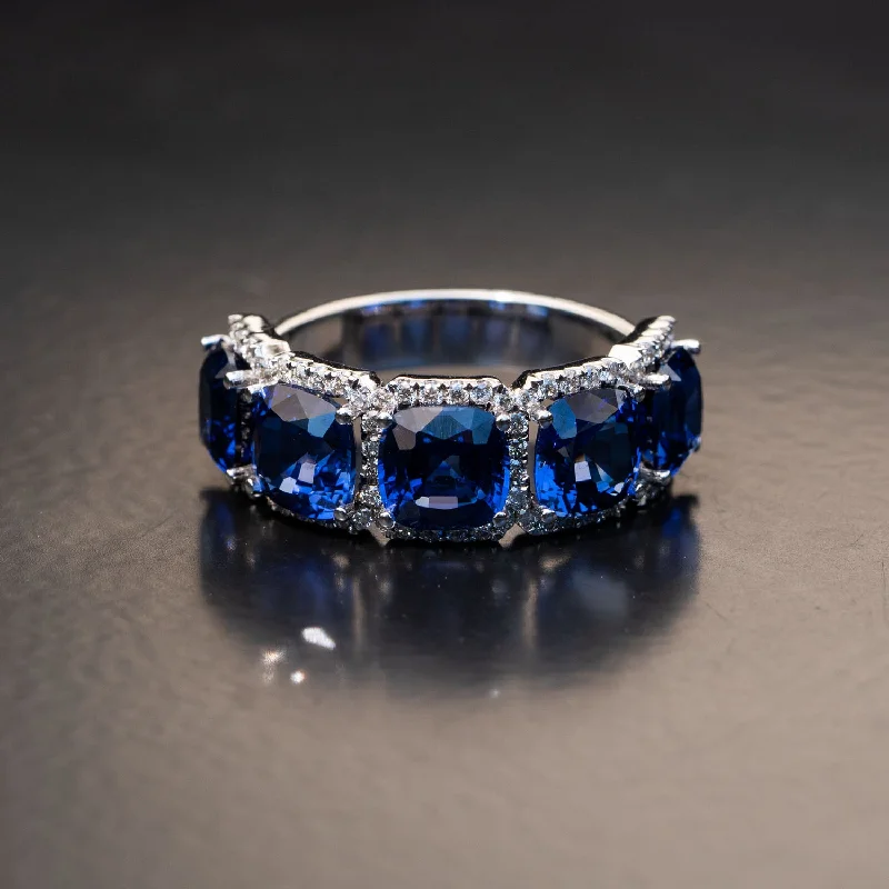 Avril - 5 stone cushion cut sapphire ring with 0.62 carat natural diamonds