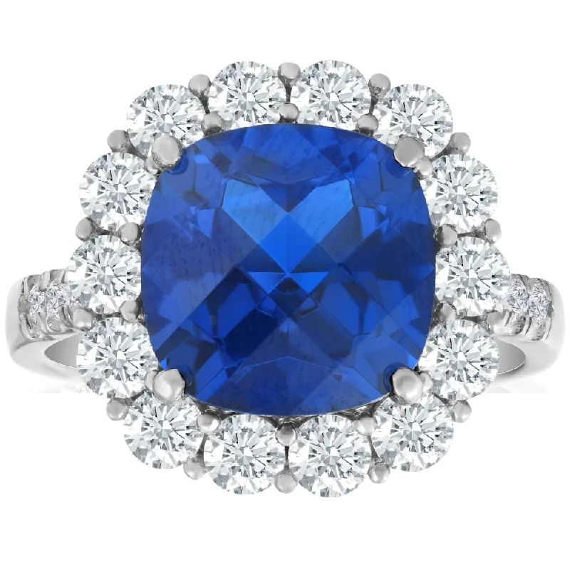 6 1/2 Ct Diamond Halo Created Sapphire Ring 10k White Gold