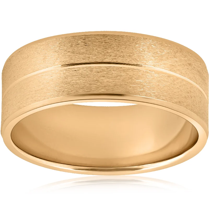 8mm Wide Mens Solid 14k Yellow Gold Brushed Wedding Ring