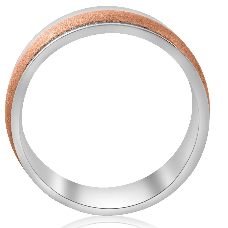 8mm Wide Mens Two Tone 14k White & Rose Gold Brushed Wedding Ring