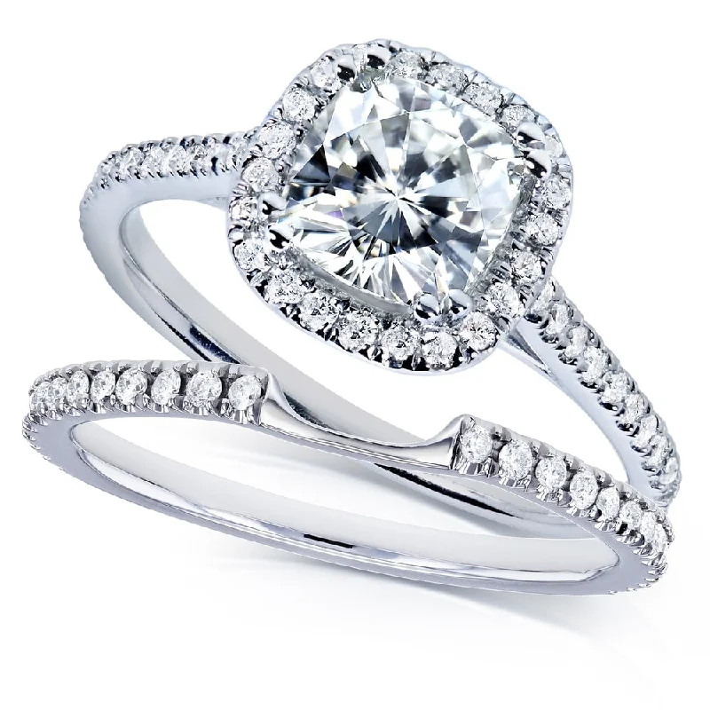 Annello by Kobelli 14k White Gold 1-1/2ct TGW Cushion Colorless (D-E-F) Moissanite and Diamond Halo Bridal Set