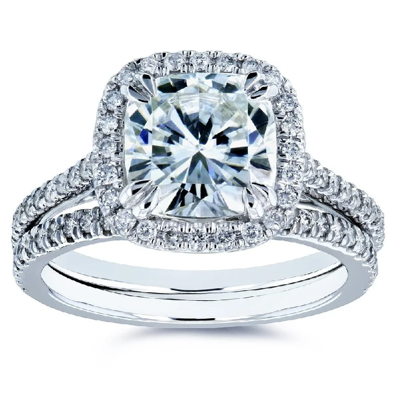 Annello by Kobelli 14k White Gold 2 2/5ct TGW Cushion Moissanite and Diamond Halo Bridal Rings Set (GH/VS, GH/I)