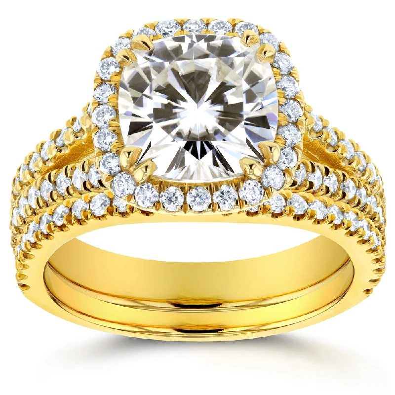 Annello by Kobelli 14k Yellow Gold 2ct Forever One Moissanite and 3/4ct TDW Diamond Halo Split Shank