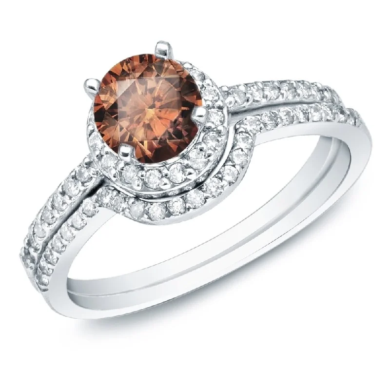 Auriya 14k Gold 1ctw Brown Diamond Halo Engagement Ring Set