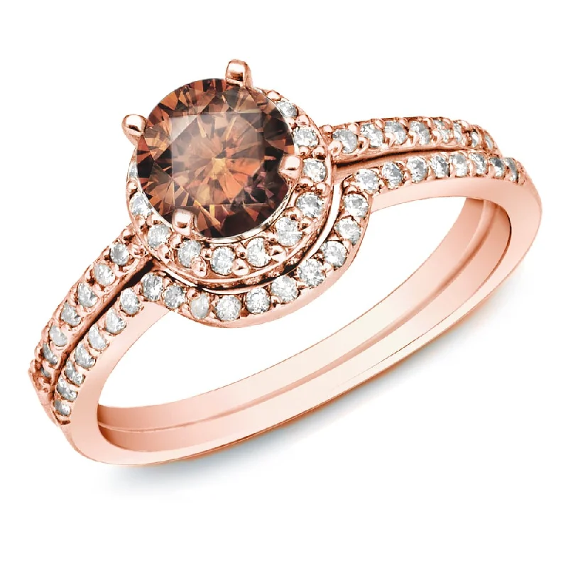 Auriya 14k Rose Gold 1ctw Brown Diamond Halo Engagement Ring Set