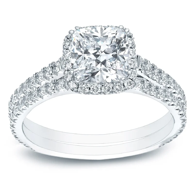 Auriya 2ctw Cushion-cut Halo Diamond Engagement Ring Set 14k Gold Certified