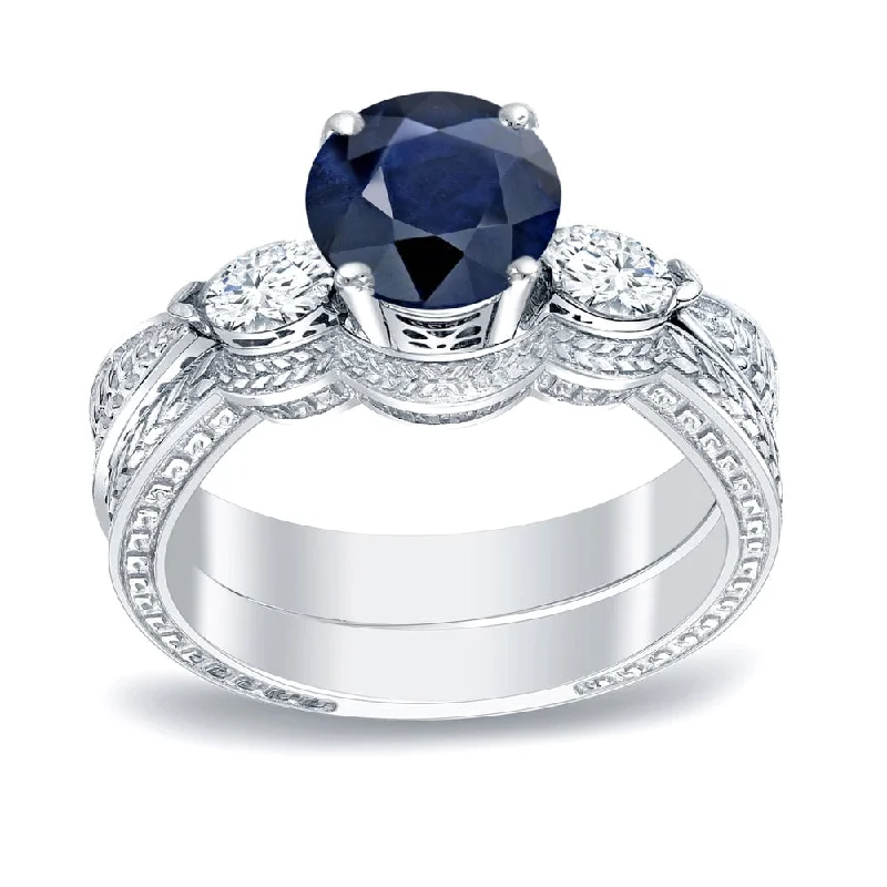 Auriya Platinum 1/2ct Vintage Sapphire & 3-Stone Diamond Engagement Ring Set 1/3ctw