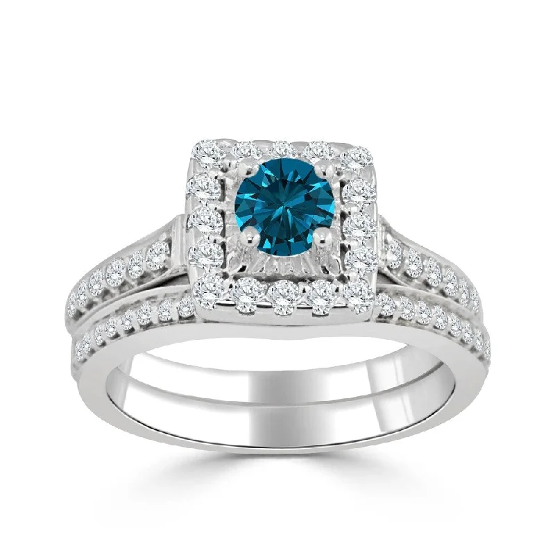 Auriya Round 1ctw Blue Halo Diamond Engagement Ring Set 14k Gold