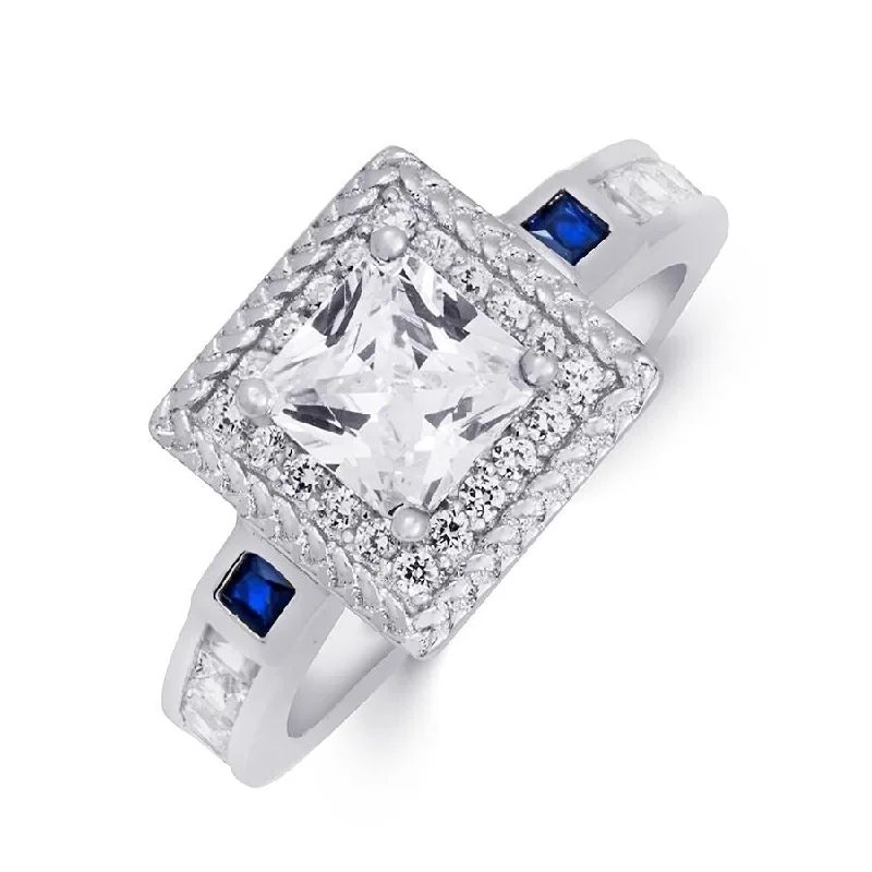 Cubic Zirconia Princess Cut w/ Blue Sapphire Halo Bridal Ring Silver