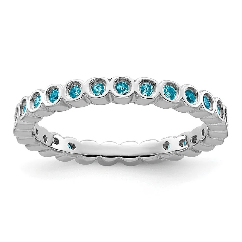 Curata 925 Sterling Silver Bezel Polished Patterned Stackable Expressions Blue Topaz Ring