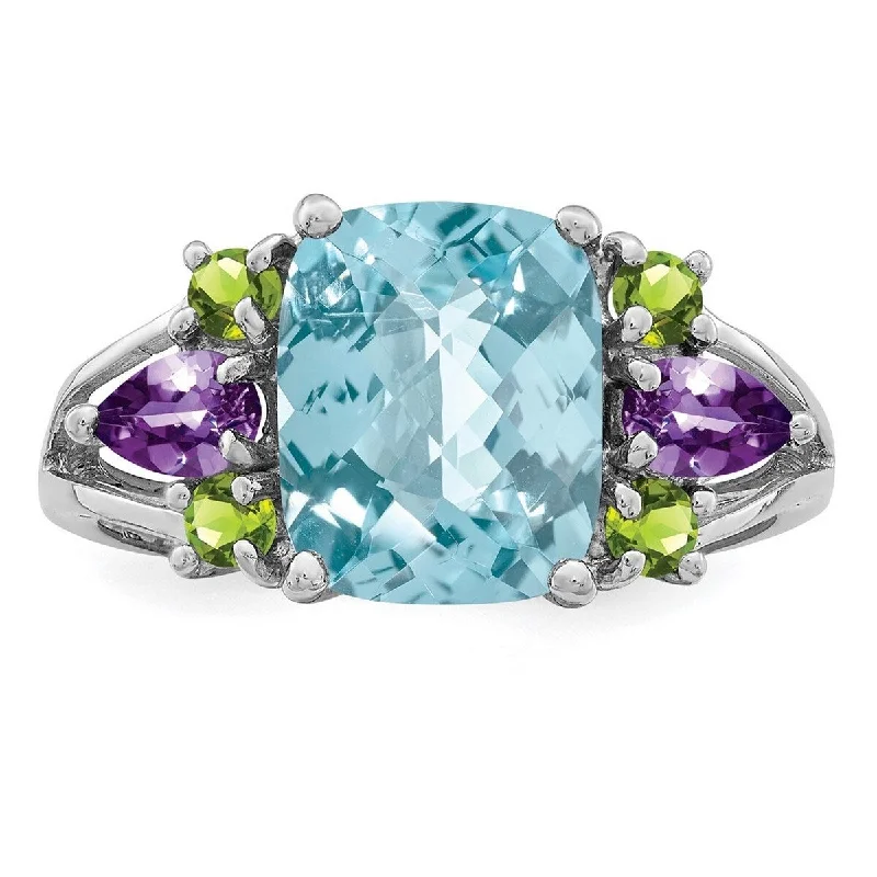 Curata 925 Sterling Silver Light Swiss Blue Topaz Amethyst and Peridot Ring