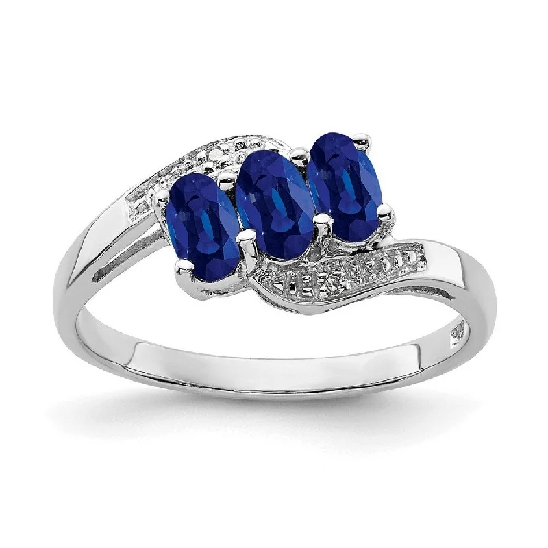 Curata 925 Sterling Silver Polished Open back Rhodium Sapphire and Diamond Ring