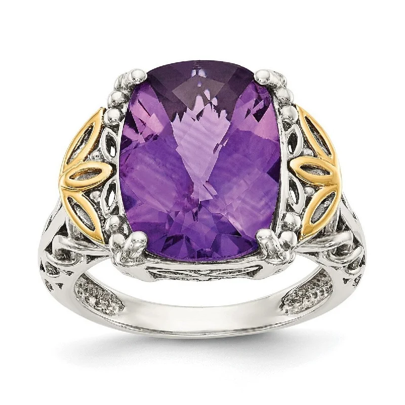 Curata 925 Sterling Silver Polished Prong set With 14k Amethyst Ring