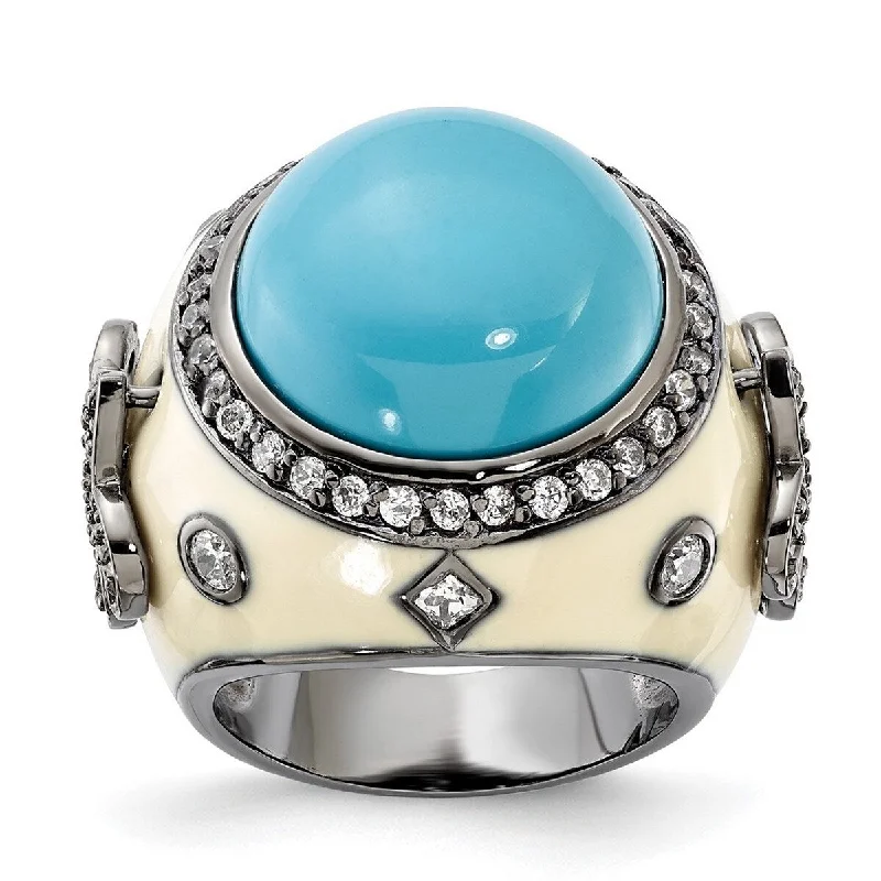 Curata Black Plated 925 Sterling Silver Enamel Simulated Turquoise and Cubic Zirconia Ring