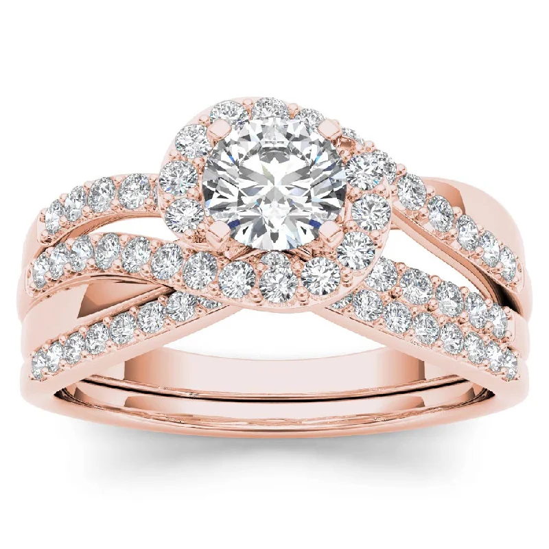 De Couer 14k Rose Gold 1ct TDW Diamond Bypass Halo Engagement Ring Set with One Band - Pink