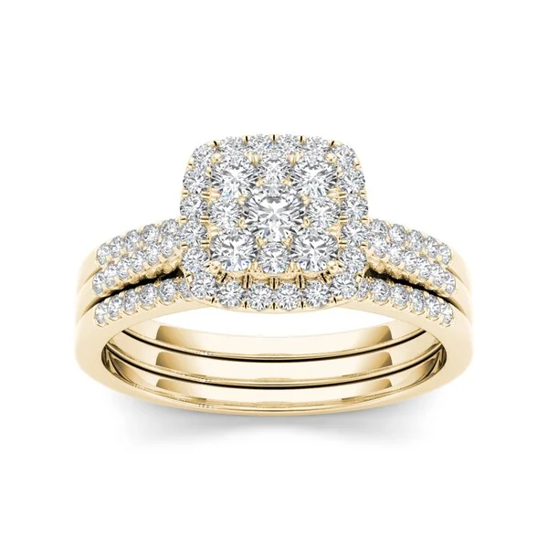 De Couer IGI Certified 10k Yellow Gold 1/2ct TDW Diamond Cluster Engagement Ring Set with Two Bands