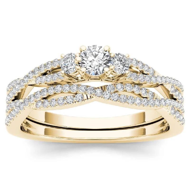 De Couer IGI Certified 14k Yellow Gold 1/2ct TDW Diamond Three-Stone Anniversary Ring with One Band