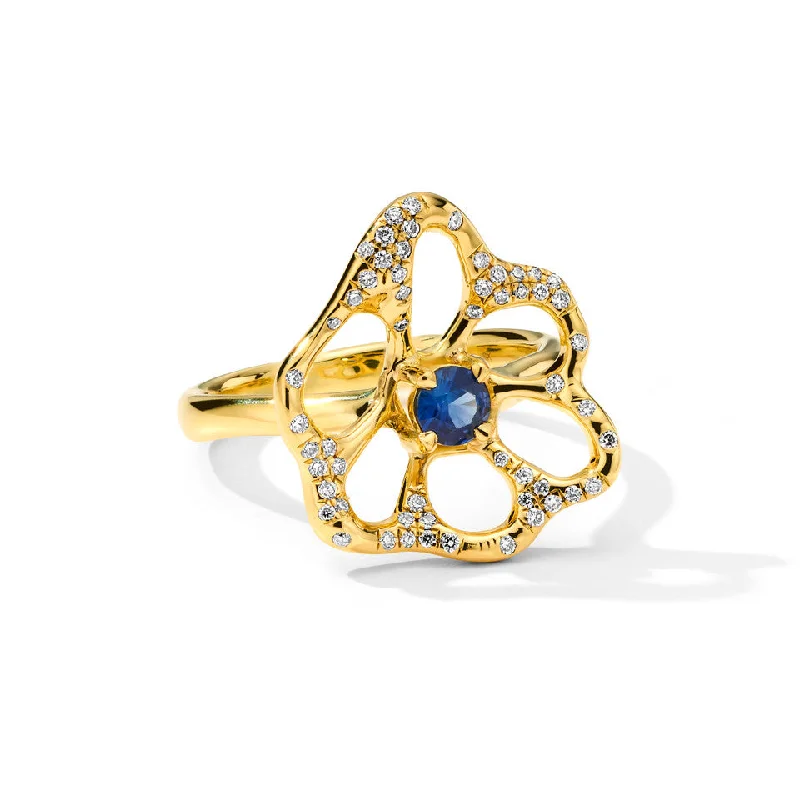 Medium Flora Ring with Blue Sapphire and Diamonds