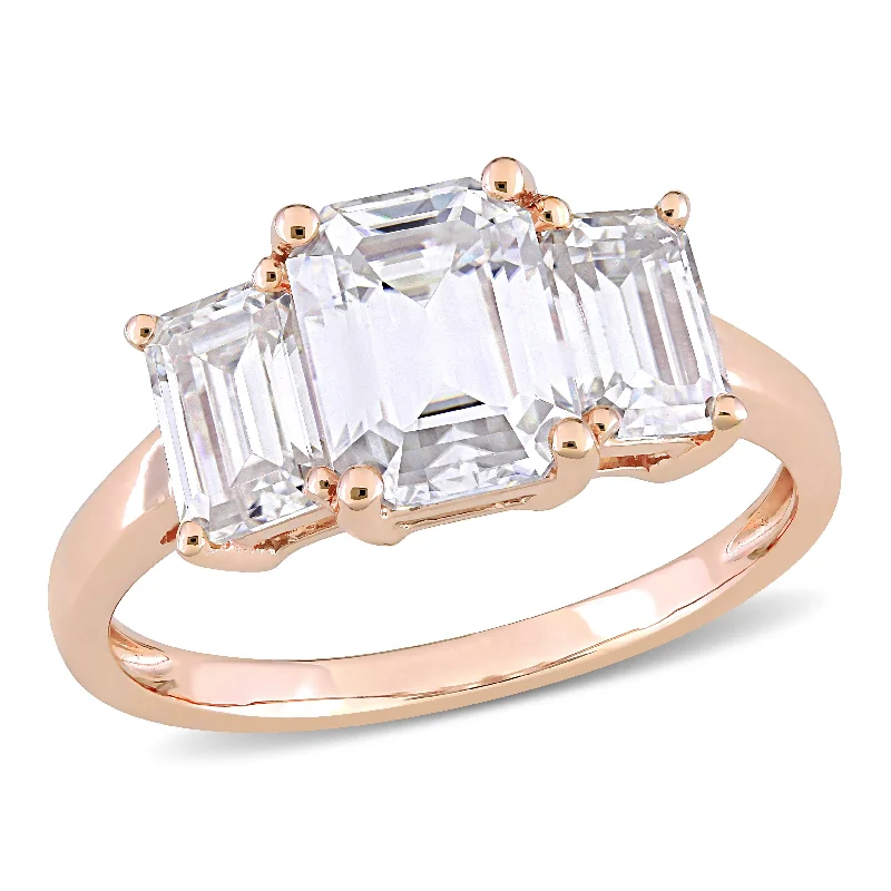 Miadora 2 3/4ct DEW Octagon Created Moissanite 3-Stone Engagement Ring in 10k Rose Gold