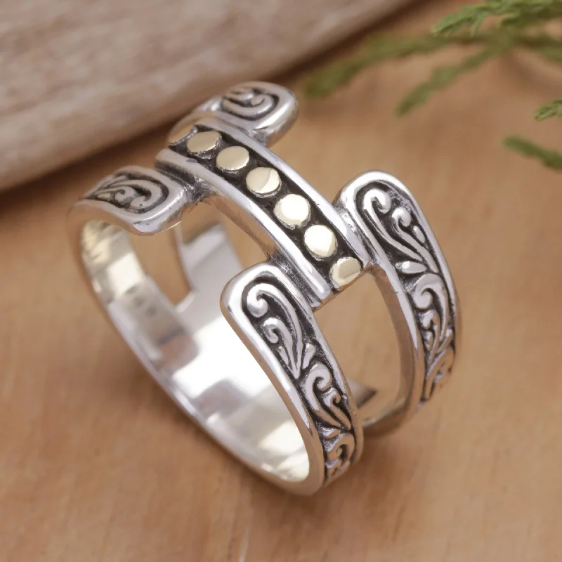 Novica Handmade Armadillo Blooming Gold-Accented Band Ring