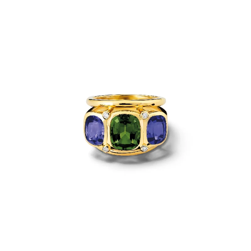 Ozymandias Ring 18ct Yellow Gold - Green Tourmaline, Iolite & Diamond