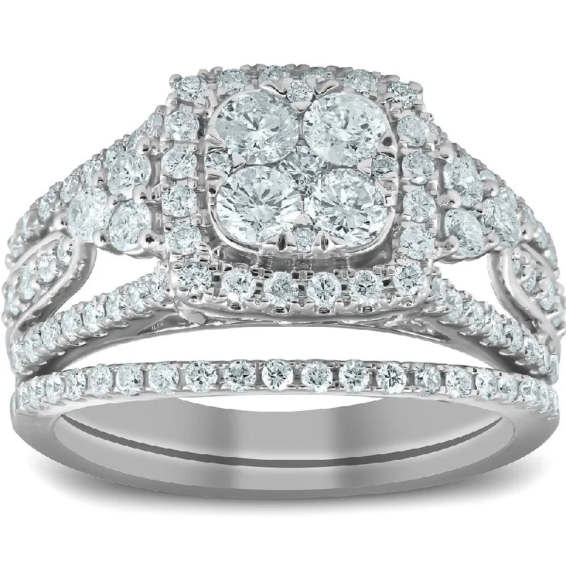 Pompeii3 10k 1 1/2 Ct TDW Cushion Halo Diamond Engagement Ring Matching Wedding Band Set