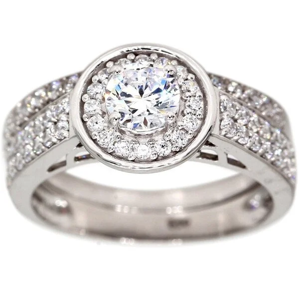 Pompeii3 10k White Gold 1.25 Ct. TDW Halo Round Diamond Engagement Ring Wedding Band Set