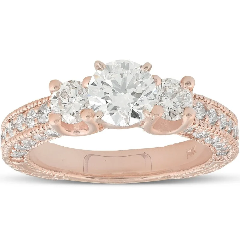 Pompeii3 14k Rose Gold 2ct TDW Vintage Diamond Clarity Enhanced Engagement Three Stone Anniversary Ring - White