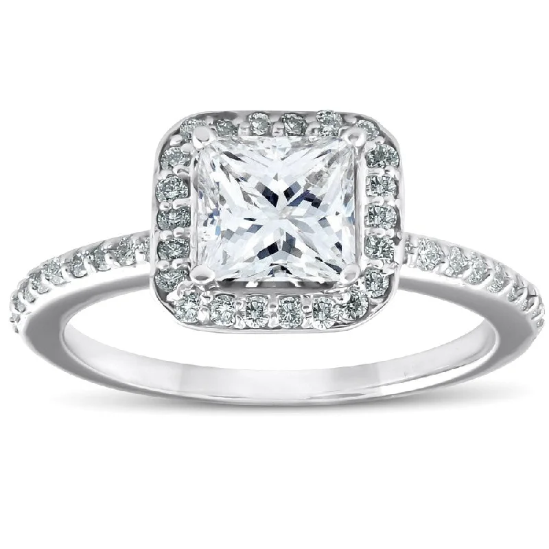 Pompeii3 14k White Gold 1 1/10 Ct TDW Princess Cut Diamond (1ct Center) Halo Engagement Ring Clarity Enhanced