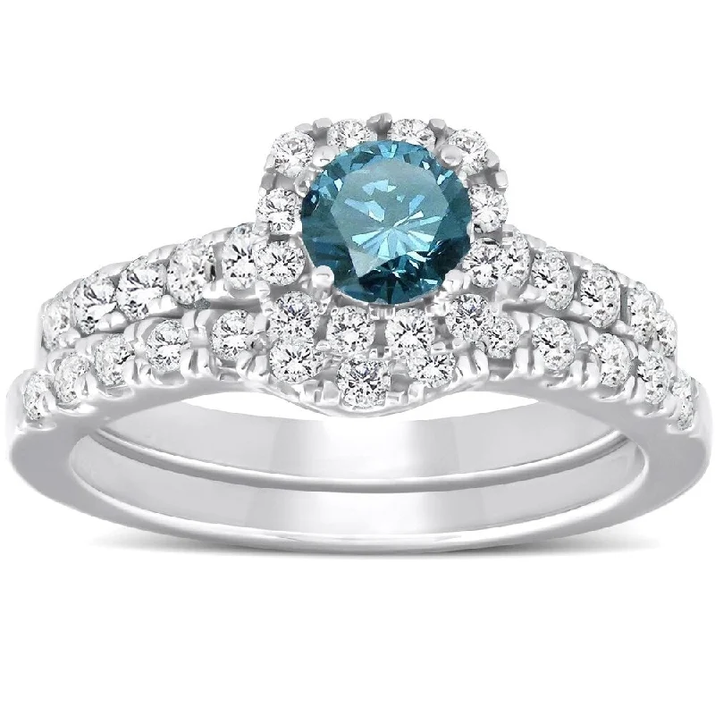 Pompeii3 14k White Gold 1 1/2 Ct TDW Blue Diamond Cushion Halo Engagement Wedding Ring Set