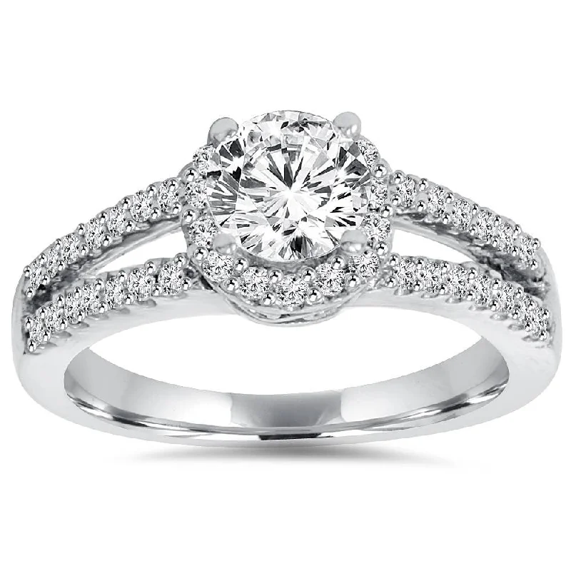 Pompeii3 14k White Gold 1 Ct TDW Halo Split Shank Engagement Ring Lab Grown (G-H/SI1-SI2)