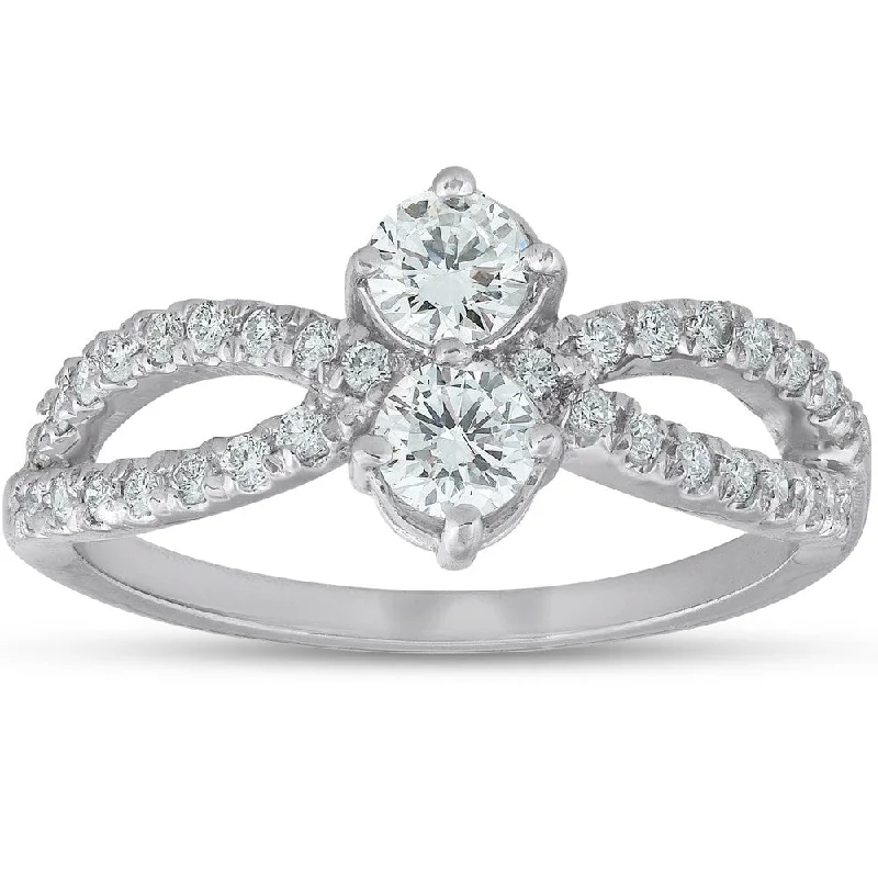 Pompeii3 14k White Gold 3/4 ct TDW Two Stone Diamond Engagement Anniversary Fashion Ring