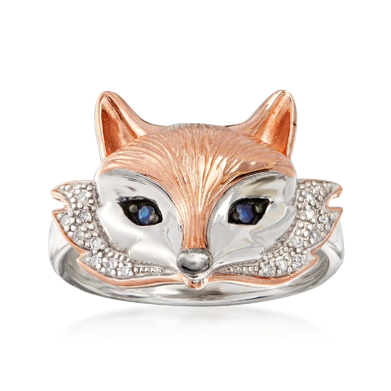 Ross-Simons Two-Tone Sterling Silver Fox Ring With Sapphire and Diamond Accents