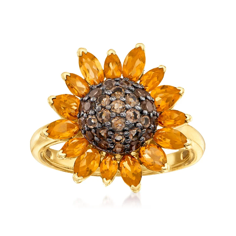 Ross-Simons Citrine and . Smoky Quartz Sunflower Ring in 18kt Gold Over Sterling