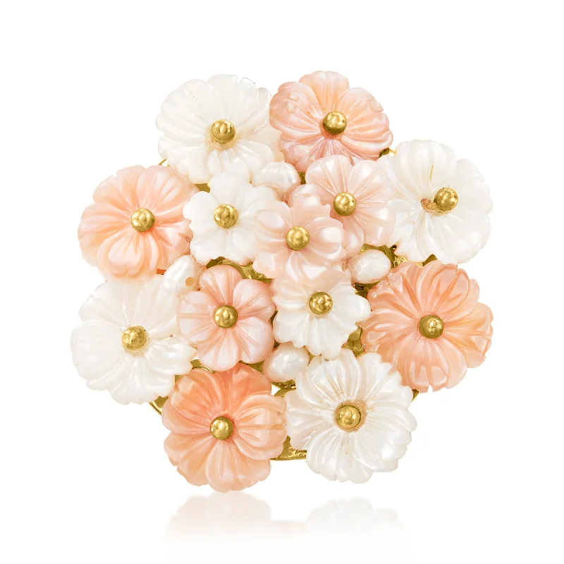 Ross-Simons Italian Pink and White Mother-Of-Pearl Flower Ring With Cultured Semi-Baroque Pearls in 18kt Gold Over Sterling